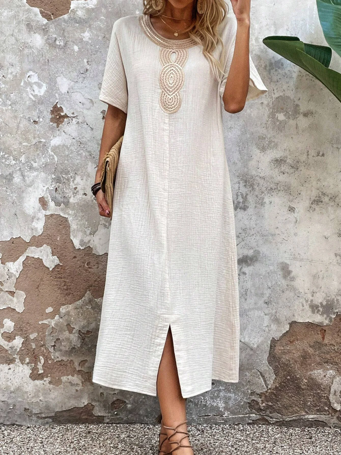 Damska sukienka z bawełny i lnu z okrągłym dekoltem i długą spódnicą